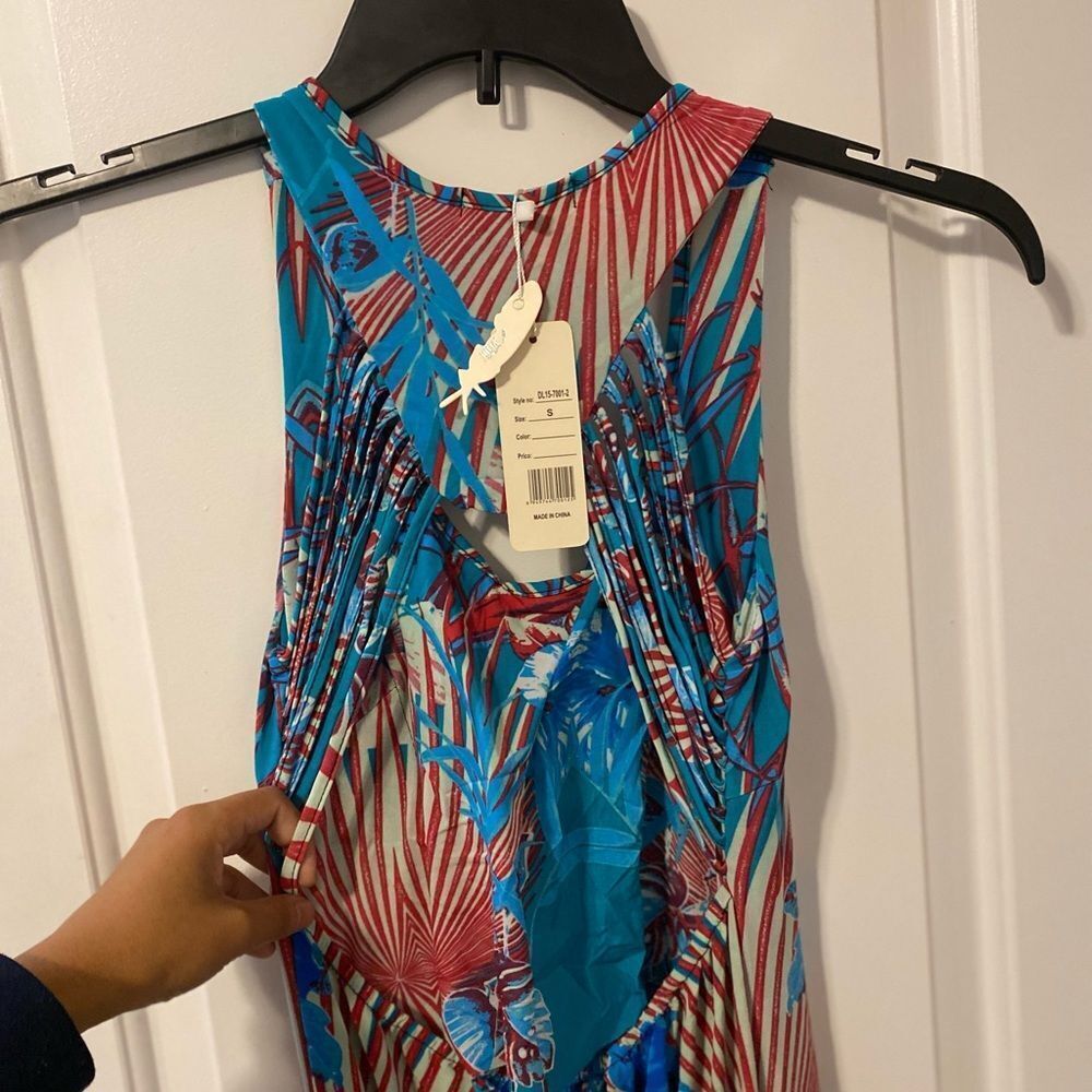 Julia Tropical Hibiscus Maxi Dress Womens Small Turquoise Red Fringe Cutout Back - Picture 5 of 6